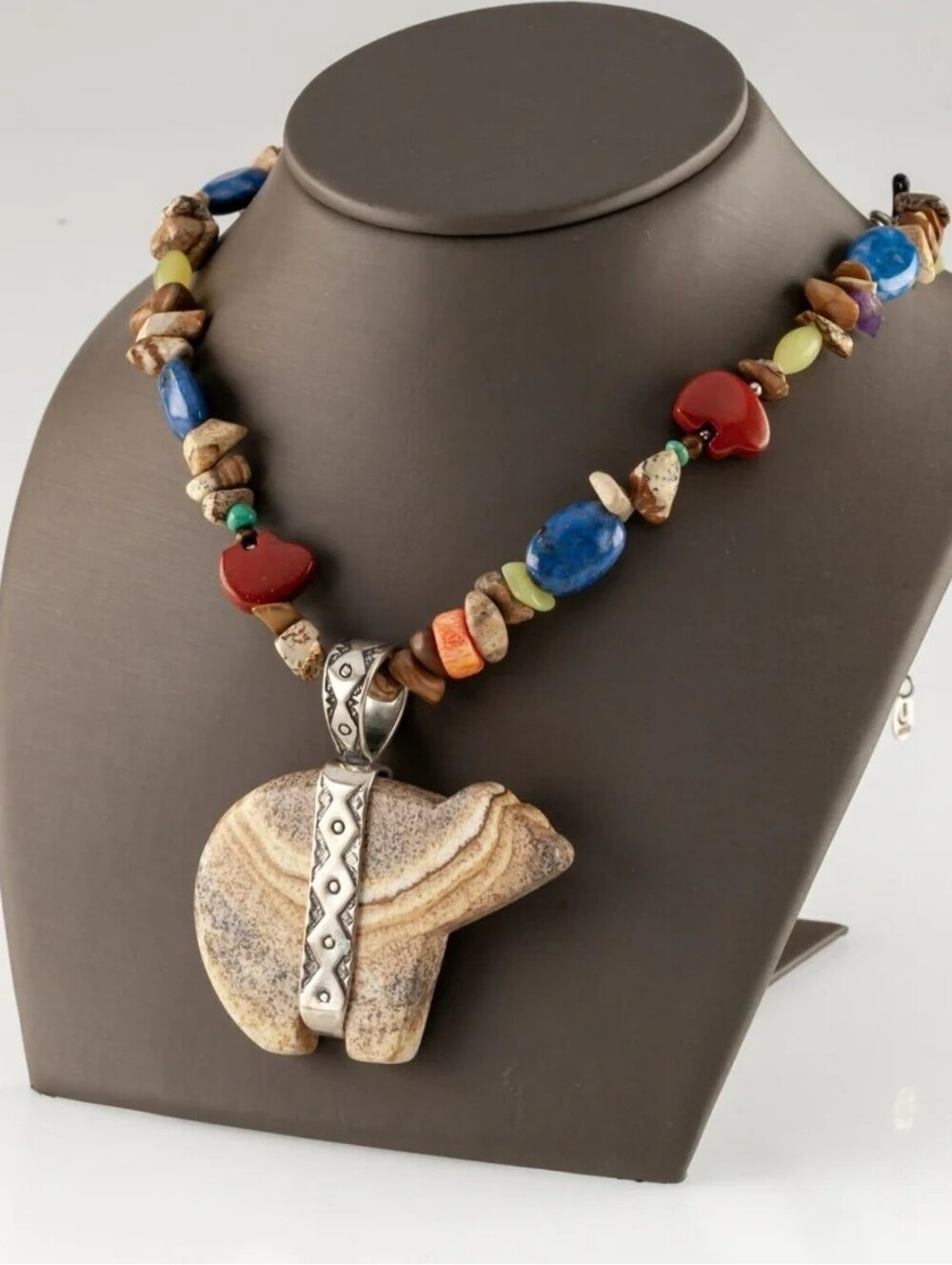Carolyn Pollack Multicolor Tumbled Stone Bear Pendant Necklace